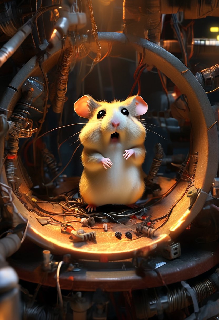 a (complaining:1.1) hamster tangled in wires performing poor maintenance by neglecting the hamster-wheel, (wasn't me i swear!:1.2), (server-room:1.3), server, cables, (sparks:1.2), can't win!, 404, loose graphics-cards, sharp, detailed, cinematic, epic scale, detailed, denial, confusion, (vocal:1.3), clutter, mess, side eyeing, fire, smoke, <> CXL-Mech