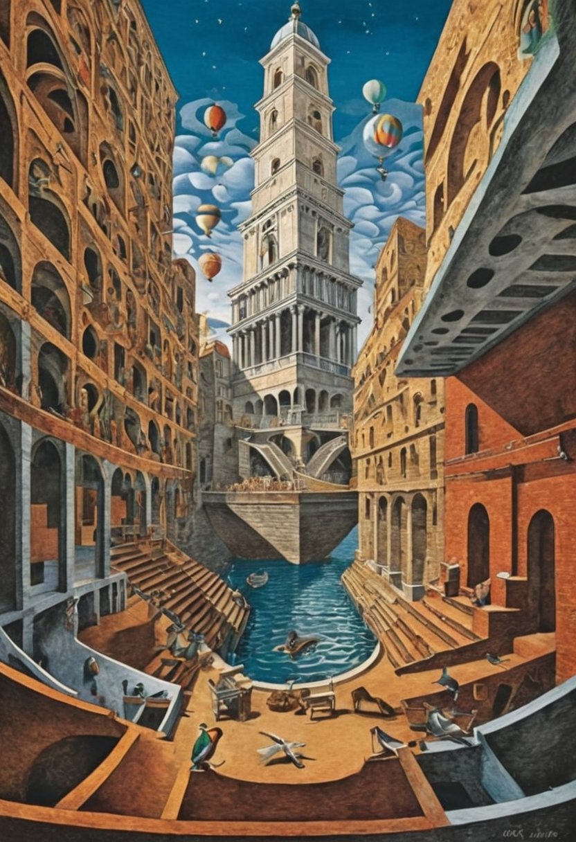  (80s poster) M.C.Escher and Giorgio de Chirico, Art Station, Full Color, Salvador Dali style