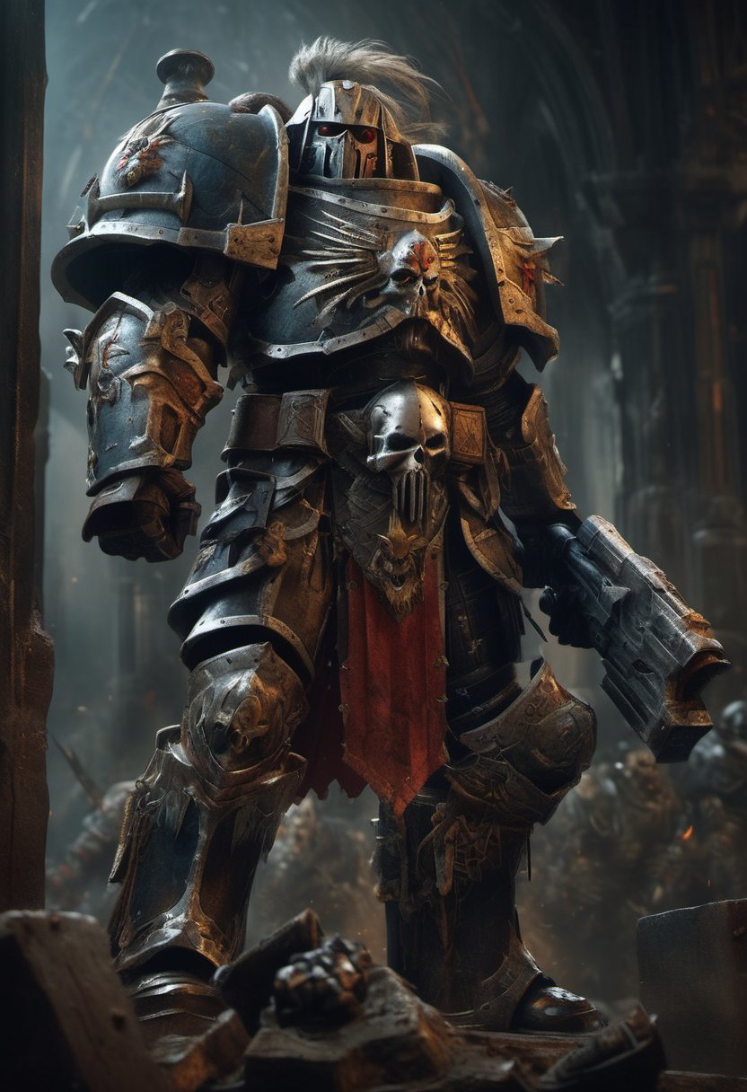 Midjourney's photorealistic masterpiece captures an oblique angle shot of a Warhammer 40k-inspired warrior standing tall, rendered in exquisite detail. The high-resolution artwork boasts sharp focus on the character's anatomy, highlighting intricate design elements. Dramatic lighting casts a sense of power and intensity, as if the warrior is poised to charge into battle. Framed against a dark background, the subject dominates the composition, with attention-grabbing highlights on armor plating. A fusion of gritty realism and fantasy artistry makes this piece trend-worthy on both ArtStation and CGSociety.