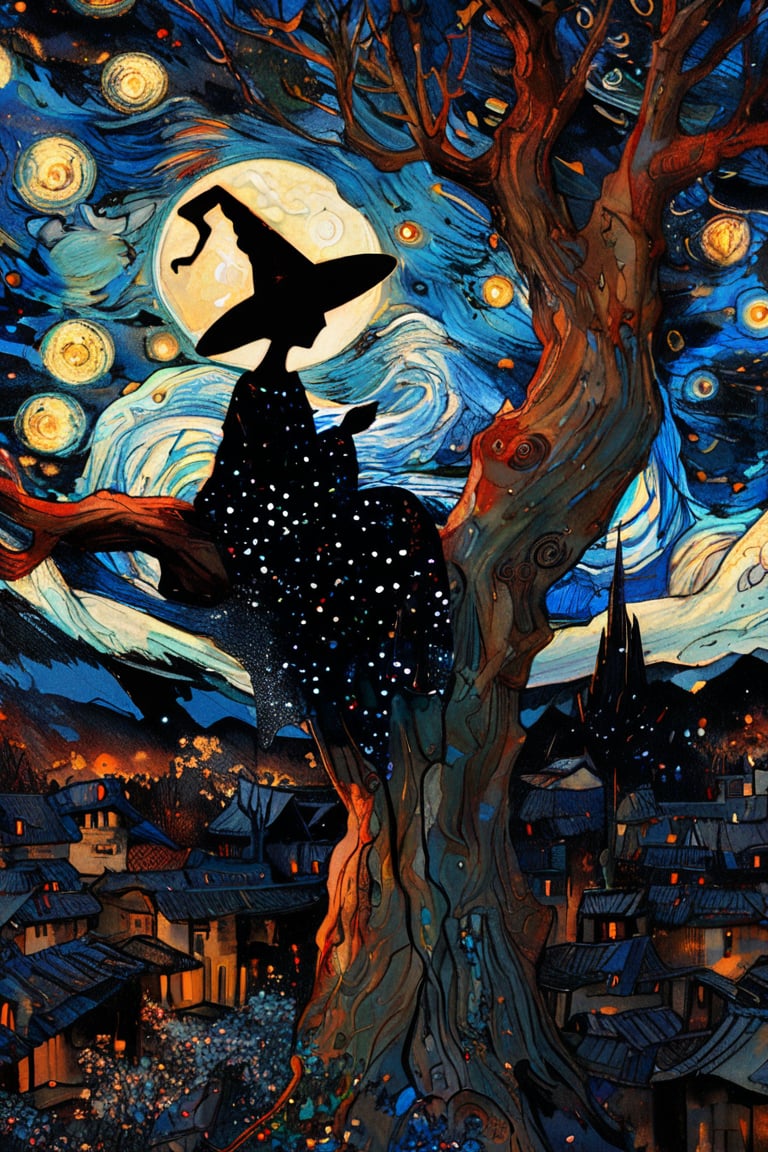 (masterpiece, top quality, best quality, official art, beautiful and aesthetic:1.2), extreme detailed, a witch sitting on a tree, starry night, captured in the detailed gouache style of Hieronymous Bosch and Klimt,