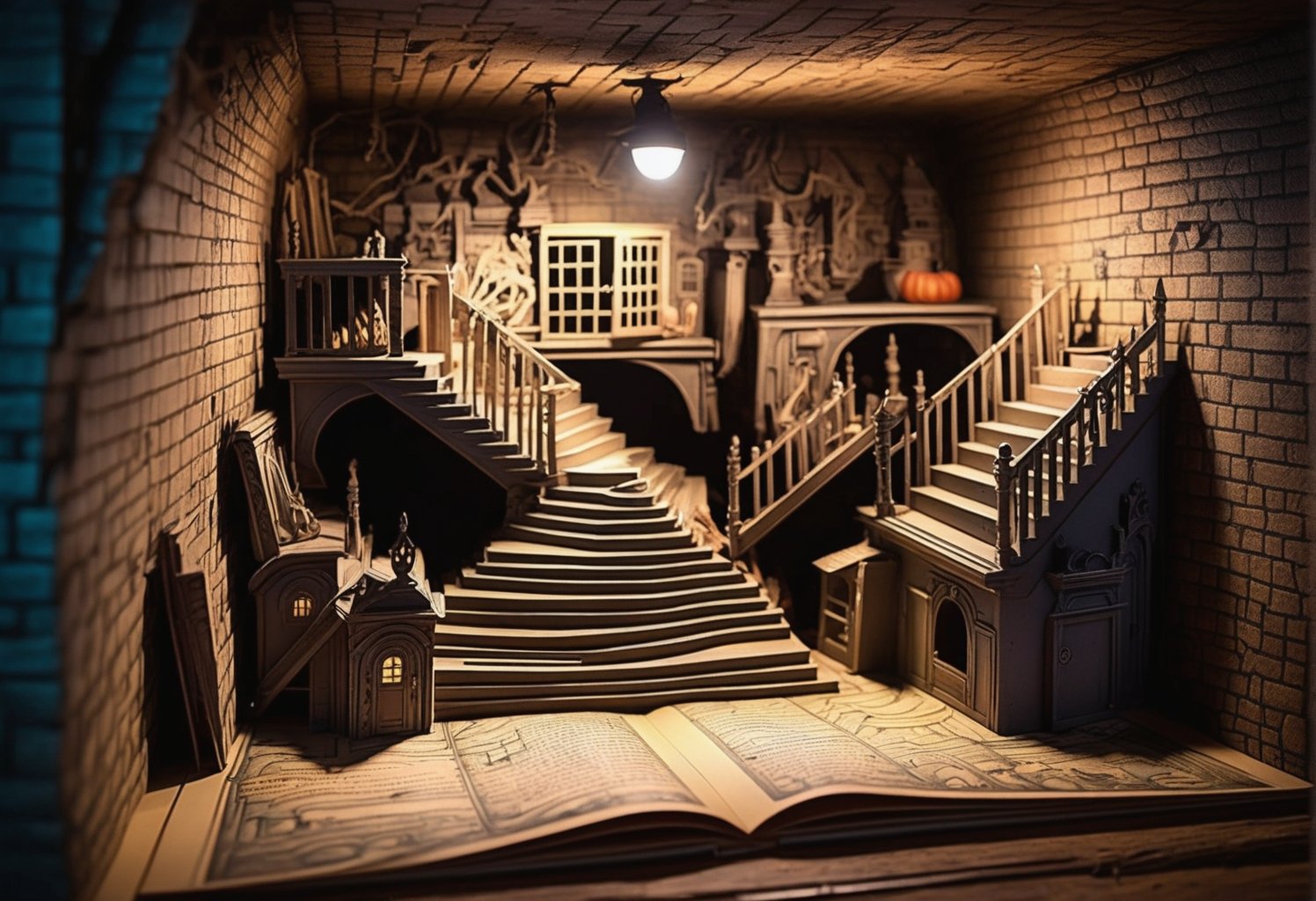 Pop-up book (basement in a haunted house)Underground labyrinth sewer, stairs