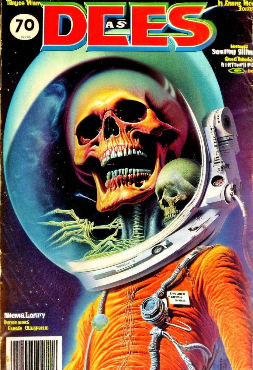 70s magazine cover "Death in Space", gory, seedy, slimy