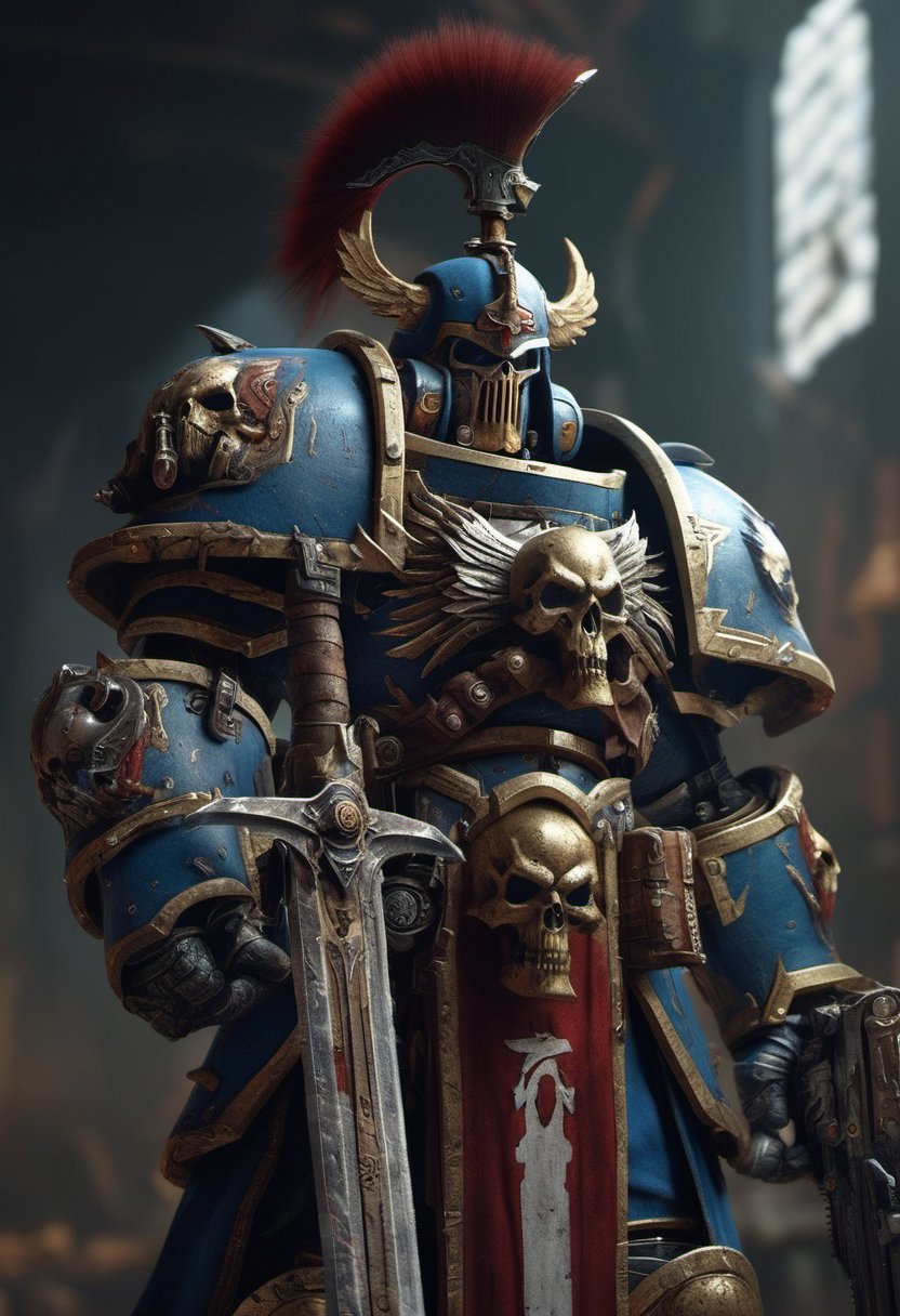 Oblique angle shot of a Warhammer 40k-inspired warrior stands tall, rendered in exquisite photorealistic detail by Midjourney and Greg Rutkowski. The high-resolution artwork features sharp focus on the character's anatomy, showcasing the intricate design. Dramatic lighting casts a sense of power and intensity, as if the warrior is about to charge into battle. Trending on both ArtStation and CGSociety, this piece showcases the artists' mastery of their craft.