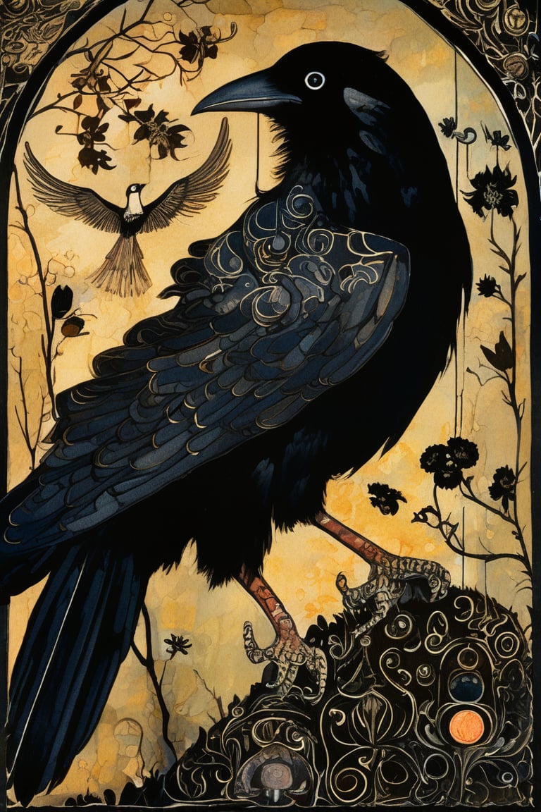 (masterpiece, best quality, shadow puppet fairy tale, best quality, official art, beautiful and aesthetic: 1.2), highly detailed, captured in the detailed gouache style of Hieronymus Bosch and Klimt. Black crow