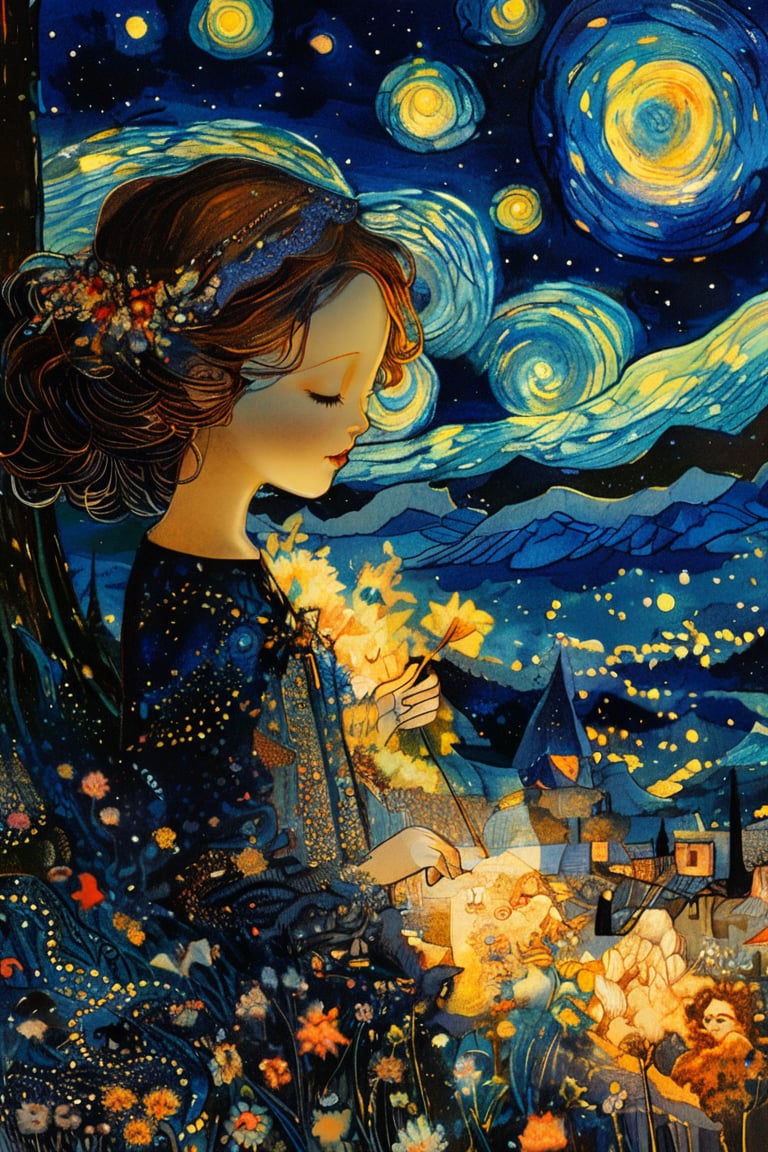 (masterpiece, best quality, best quality, official art, beautiful and aesthetic: 1.2), (one girl: 1.4), highly detailed, starry night, captured in the detailed gouache style of Hieronymus Bosch and Klimt. Shadow puppet fairy tale