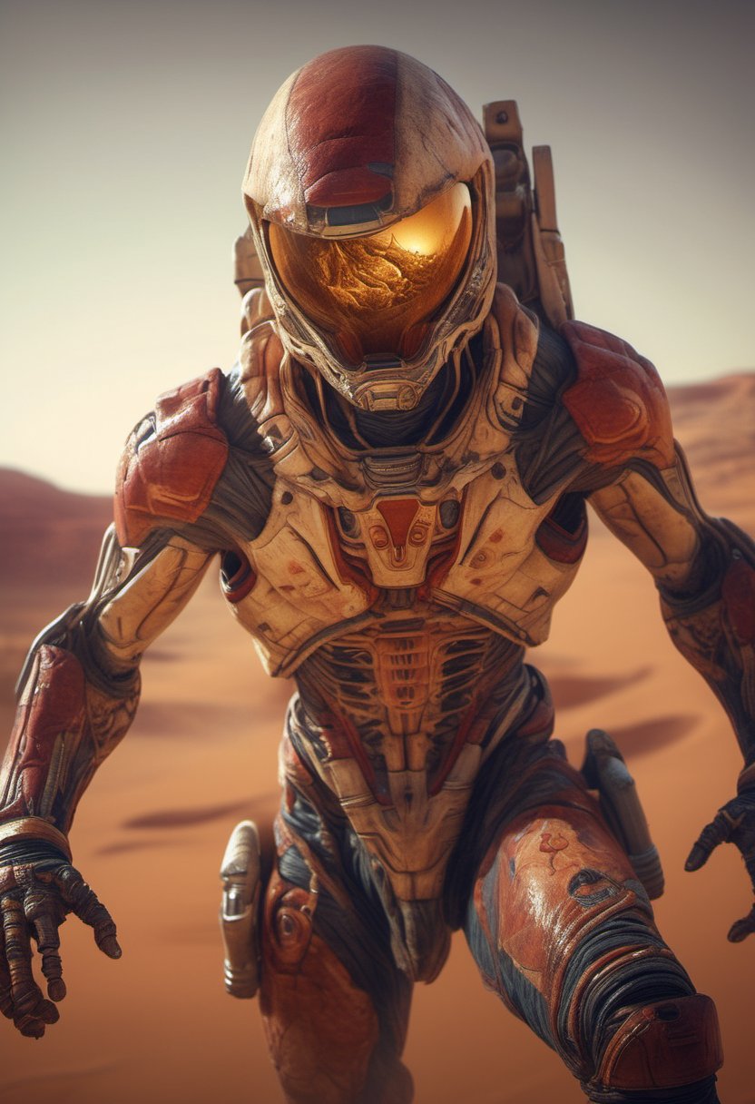 A Martian warrior stands tall, mid-stride, as if frozen in time. The oblique angle shot frames the figure from a low vantage point, emphasizing its imposing stature. Warm, golden lighting casts long shadows across the crimson-hued terrain, while atmospheric haze adds depth to the composition. Every anatomical detail is meticulously rendered, from the sharp-defined mandibles to the intricate, swirling patterns on the Martian's skin. The artwork pulses with dramatic energy, as if the moment before impact. High-resolution and photorealistic in its execution, this piece would be a showstopper on ArtStation and CGSociety.