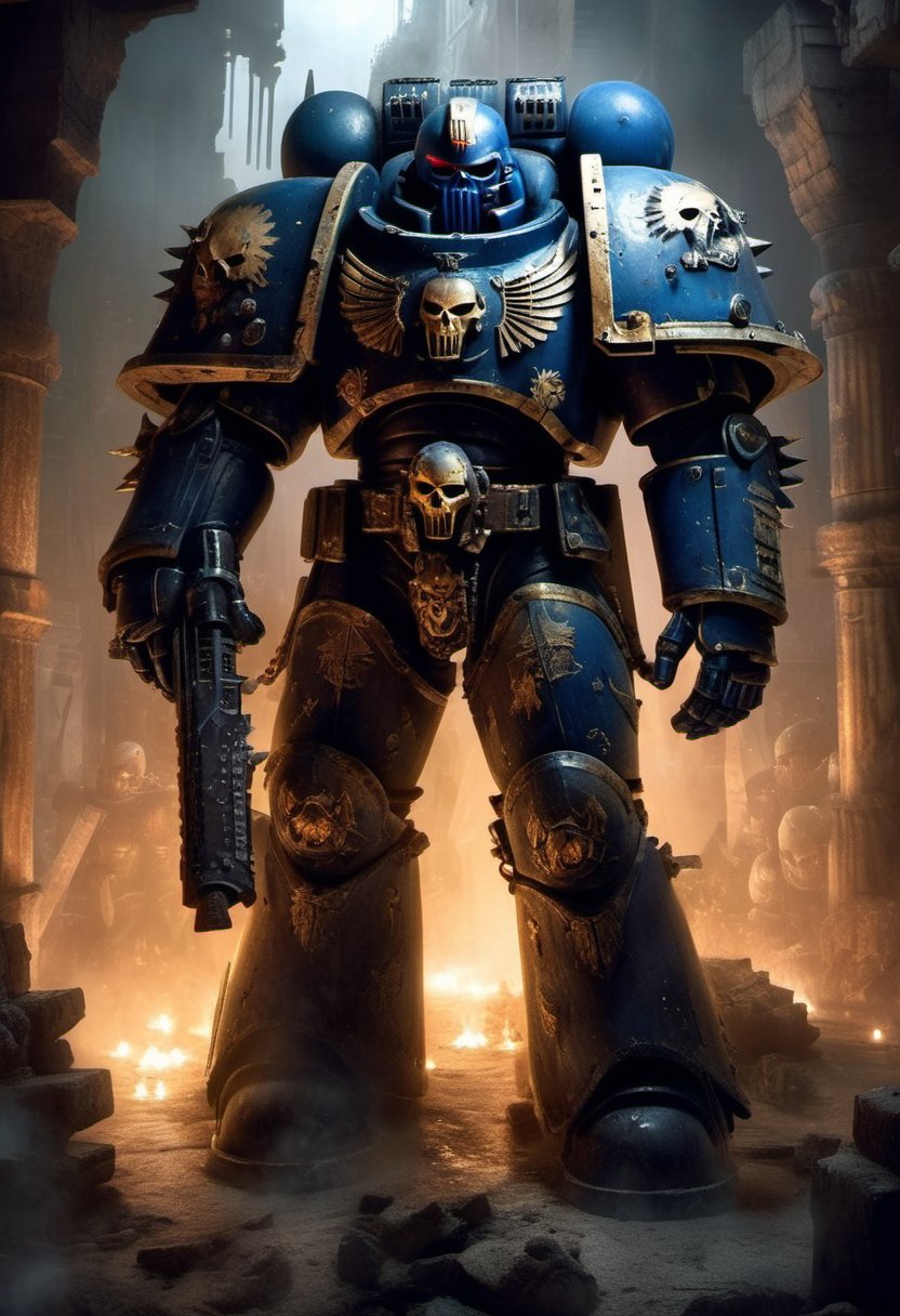 A dark, oblique-angle shot of a towering Space Marine, lit by the eerie glow of candles and flickering torches. The warrior's full-body armor glistens with intricate details, its sharp focus drawing attention to the subtle anatomy of the mechanized suit. In the background, ruins of a ancient city stretch towards the horizon, while in the foreground, the Space Marine's imposing stance demands attention. Exquisite textures and photorealistic painting art bring this dramatic scene to life.