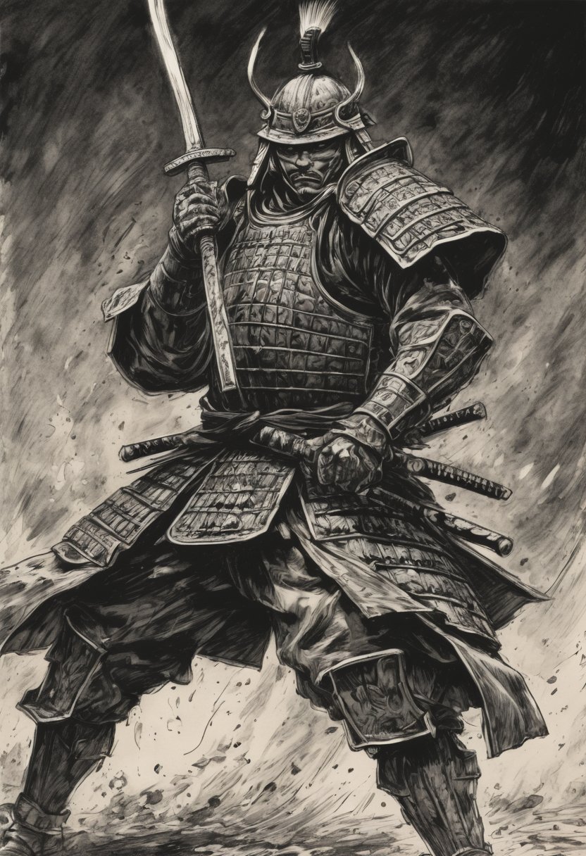 score_9, source_manga, (2 page comic) (Japanese samurai wearing Japanese armor launch a decapitation battle from the darkness), Bande Dessinée story transfer, full color, excellent picture quality, exquisite details,charcoal drawing,charcoal \(medium\), Popular Japanese manga, Ink painting