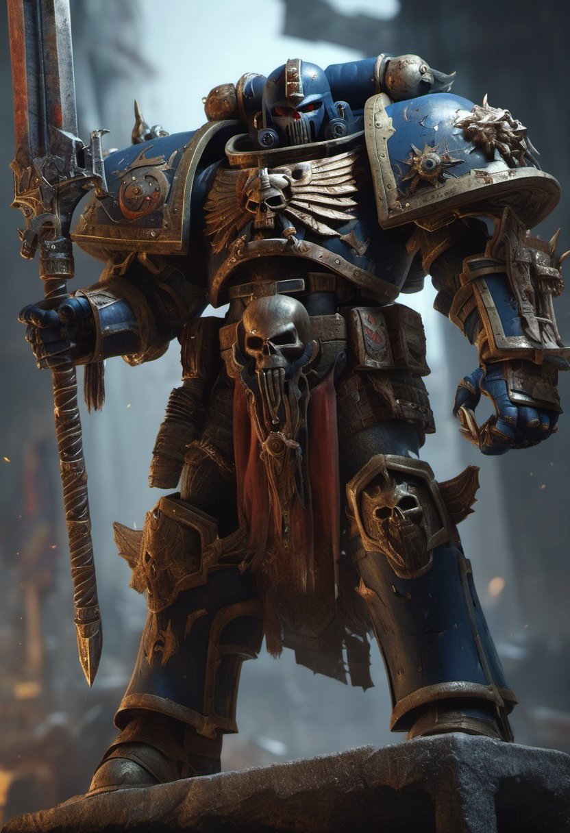 Oblique angle shot of a Warhammer 40k-inspired warrior stands tall, rendered in exquisite photorealistic detail by Midjourney and Greg Rutkowski. The high-resolution artwork features sharp focus on the character's anatomy, showcasing the intricate design. Dramatic lighting casts a sense of power and intensity, as if the warrior is about to charge into battle. Trending on both ArtStation and CGSociety, this piece showcases the artists' mastery of their craft.