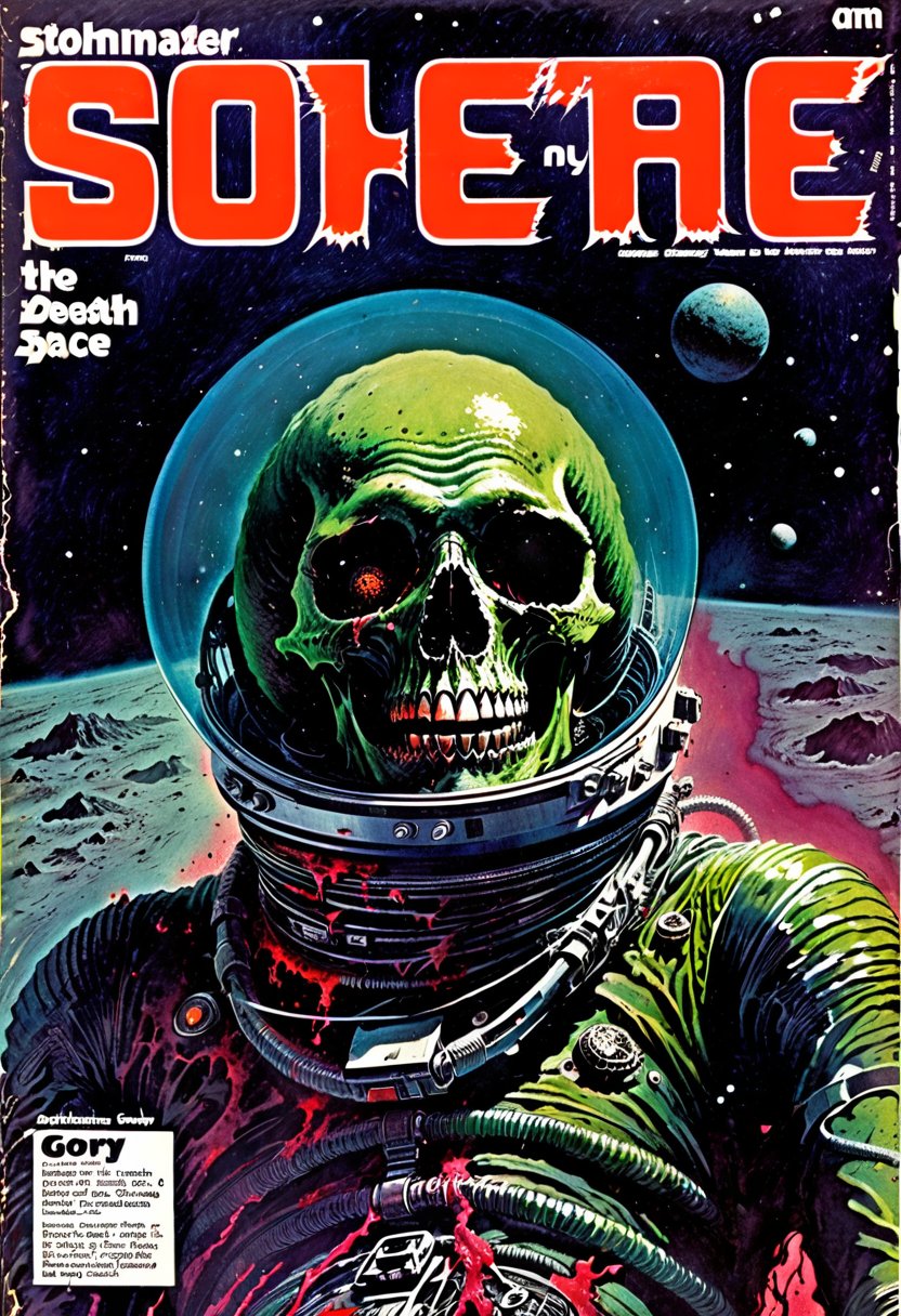 70s magazine cover "Death in Space", gory, seedy, slimy