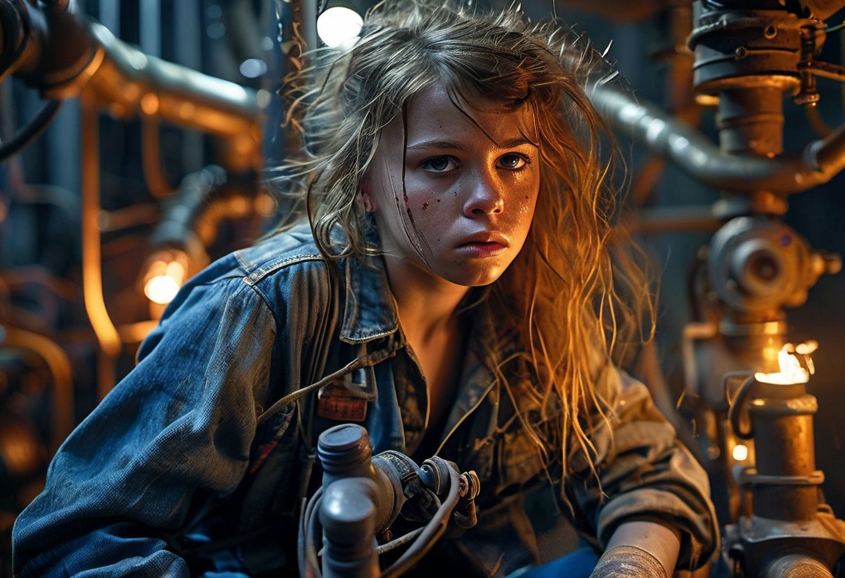 A young girl in worn blue jeans and oil-stained coveralls is precariously perched within a cramped, industrial setting. Valves, pipes, cables, and ducts surround her as she grapples with a stubborn valve, her gloved hand tightening the mechanism amidst a tangle of messy, cluttered metalwork. The sharp lighting accentuates every detail, from the streaks of oil on her face to the determined glint in her sidelong gaze. In this cinematic, epic scene, the subject's rugged beauty shines like a beacon amidst the mechanical chaos.,glowneon,glowing,sparks,lightning