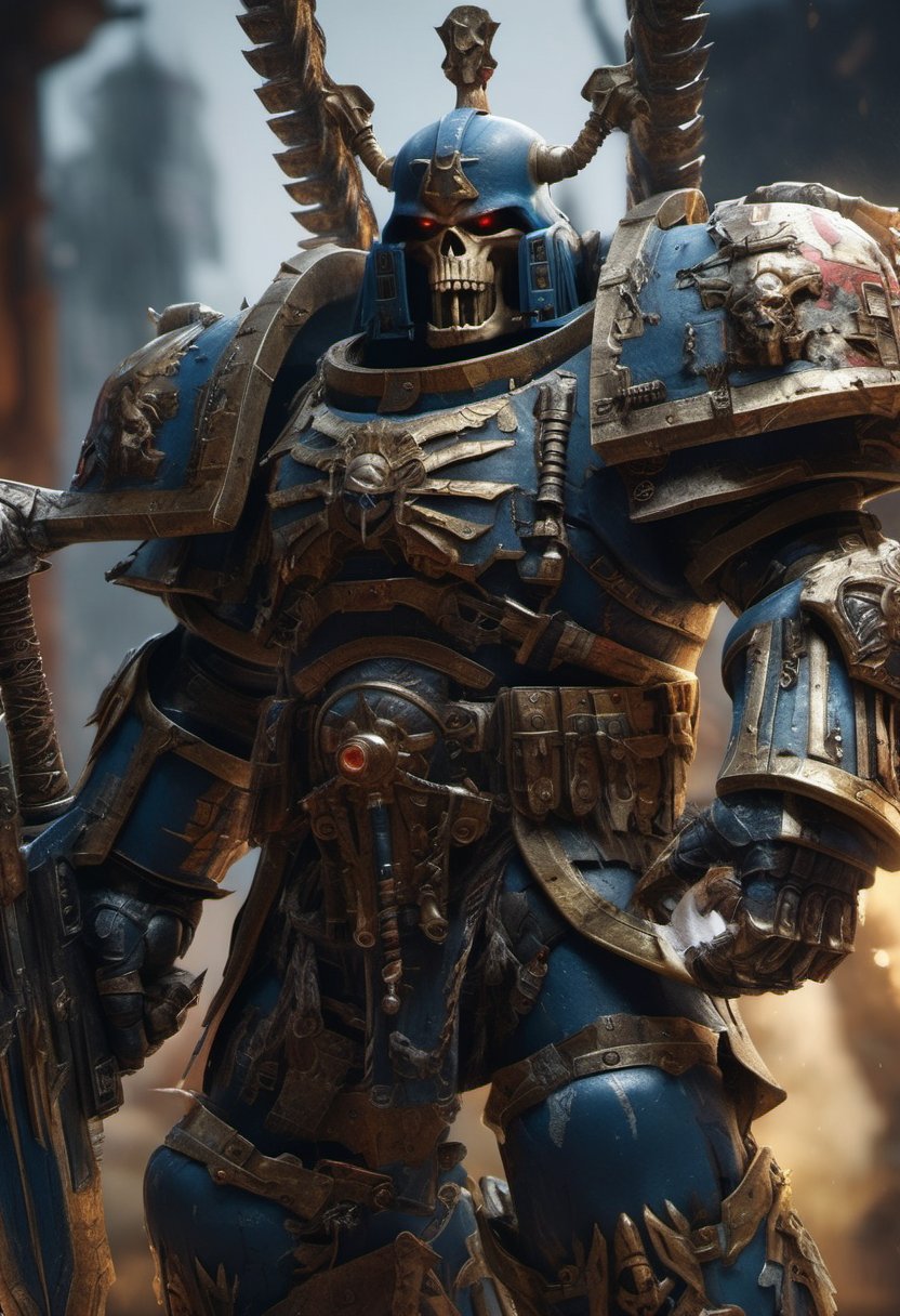 Oblique angle shot of a Warhammer 40k-inspired warrior stands tall, rendered in exquisite photorealistic detail by Midjourney and Greg Rutkowski. The high-resolution artwork features sharp focus on the character's anatomy, showcasing the intricate design. Dramatic lighting casts a sense of power and intensity, as if the warrior is about to charge into battle. Trending on both ArtStation and CGSociety, this piece showcases the artists' mastery of their craft.