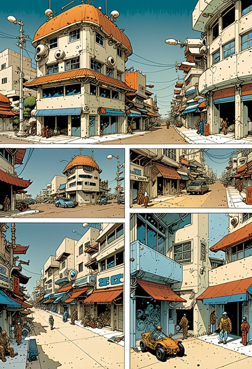 Prompt: score_9, source_Comics, (2 page comic) BOOK OF THE MOEBIUS & Katsuya Terada collaboration, art station, BANDE DESSINÉE story transcription, full color, Streetscape