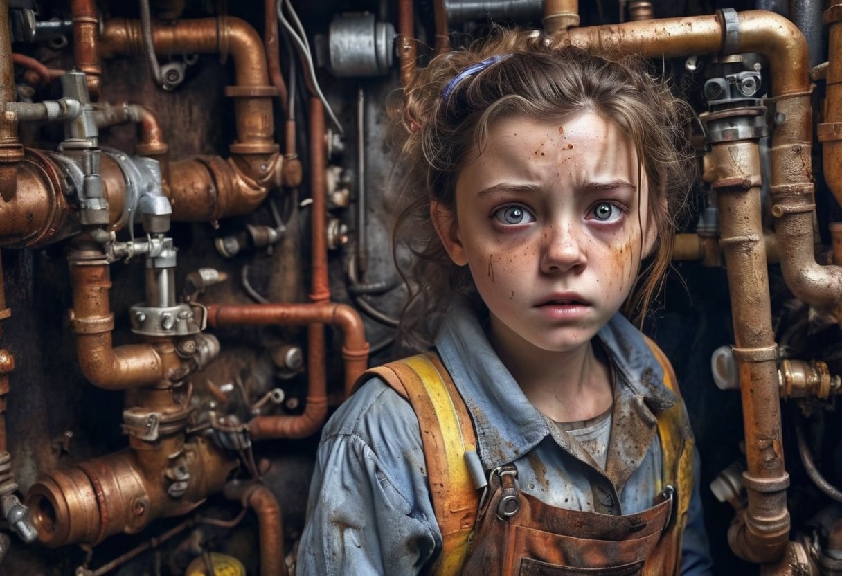 A young girl in work clothes, covered in oil, is wedged in a small space with valves, pipes, cables and ducts, tightening a valve. Sharp, detailed, cinematic, epic, detailed, messy, cluttered and sidelong glanced. <> CXL-Mech.Apoloniasxmasbox