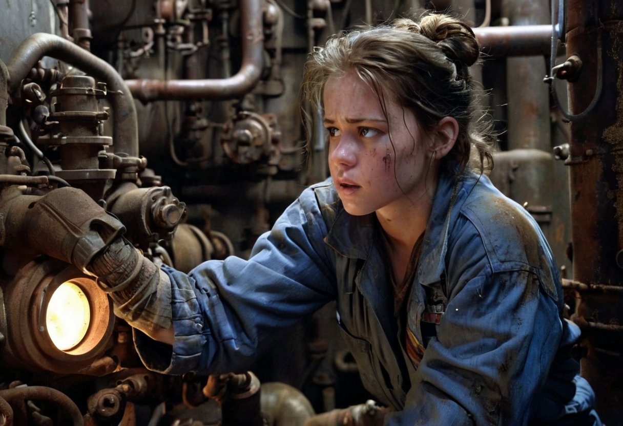 A young girl in worn blue jeans and oil-stained coveralls is precariously perched within a cramped, industrial setting. Valves, pipes, cables, and ducts surround her as she grapples with a stubborn valve, her gloved hand tightening the mechanism amidst a tangle of messy, cluttered metalwork. The sharp lighting accentuates every detail, from the streaks of oil on her face to the determined glint in her sidelong gaze. In this cinematic, epic scene, the subject's rugged beauty shines like a beacon amidst the mechanical chaos.