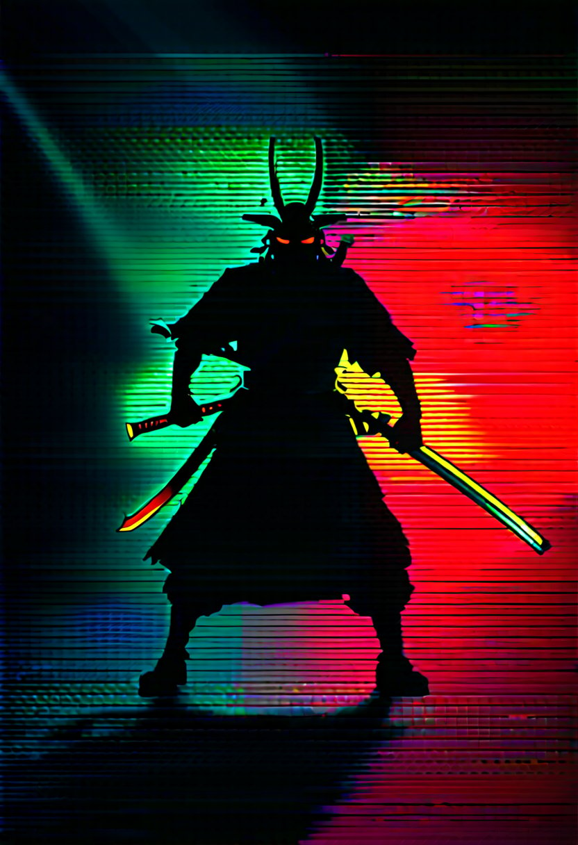 A decrepit film reel crackles to life, shrouded in heavy visual distortion: static noise, film grain, flickering horizontal lines, and color shifts. A glitch-ridden, pixelated image distorts the view, as a samurai warrior stands amidst gloomy, flickering lighting. The camera spins wildly, capturing extreme angles: skewed perspectives, tilted shots, and erratic movements. Shadows dance ominously, punctuated by bursts of intense light during moments of brutal attack. The Matrix