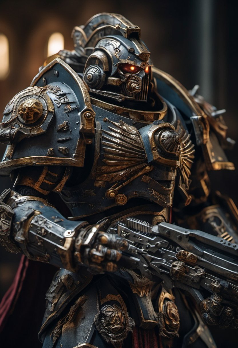 A dramatic oblique angle shot of a Warhammer 40k-inspired warrior, rendered in exquisite photorealistic detail. The sharp focus highlights the intricate anatomy of the subject's armored suit, with textured plates and gleaming metallic accents catching the light. Set against a dark background, the figure stands out like a statue come to life. The artwork exudes a sense of power and intensity, as if ready to charge into battle at any moment.