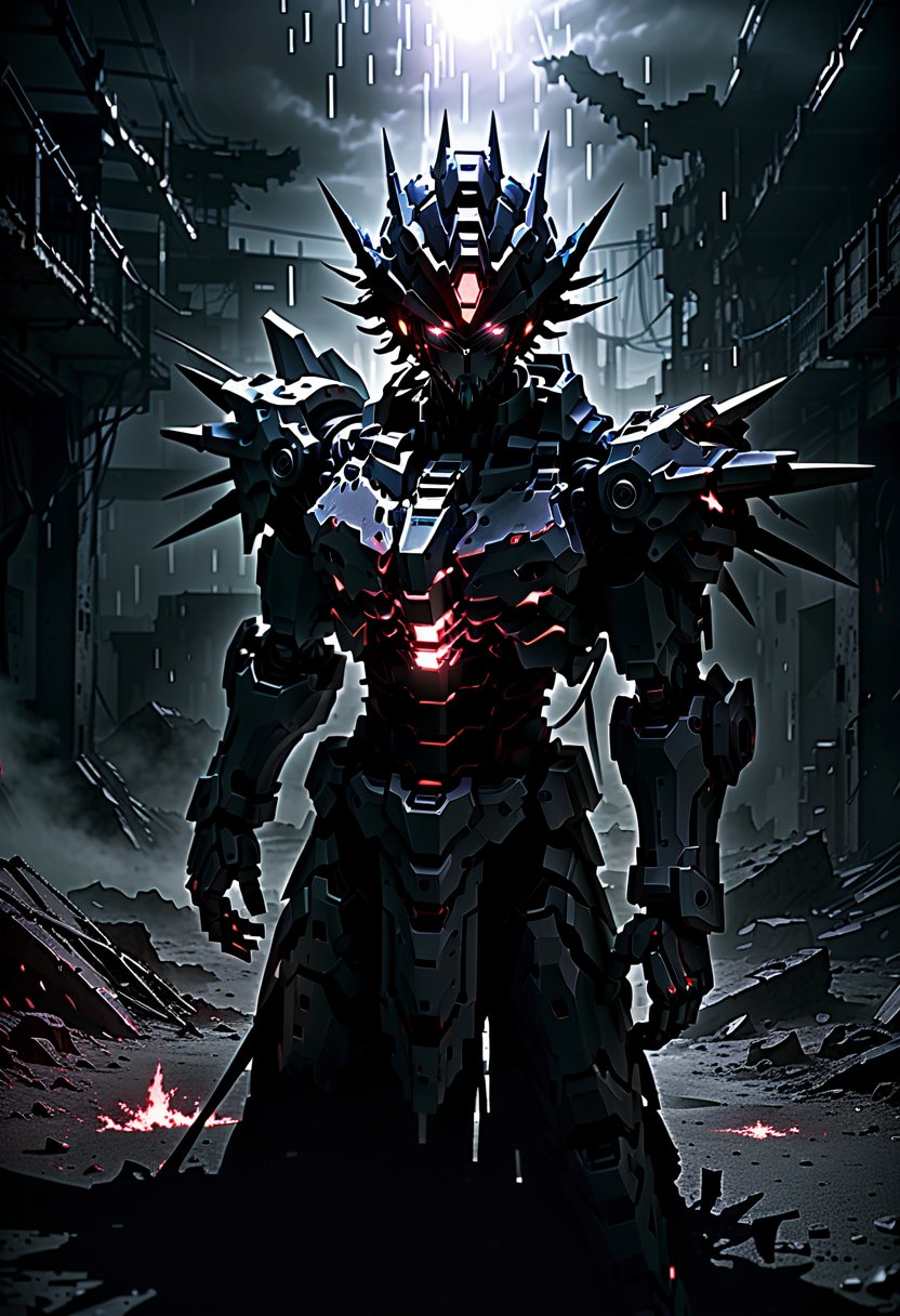 A dark and eerie anime protagonist unleashing a powerful cursed or psychic ultimate attack. The character is in a dramatic, imposing pose, channeling intense dark energy or supernatural forces. The scene is set in a nightmarish, distorted environment, reflecting the protagonist’s inner turmoil. The ultimate attack appears as chaotic, swirling dark energy, eldritch shapes, or a menacing shadowy vortex. Camera Work and Visual Effects: 1. Heavy Visual Distortion: Apply intense visual distortions and static noise, with a prominent film grain effect to mimic a deteriorated film reel. Include flickering, horizontal lines, and occasional color shifts to create an unsettling atmosphere. 2. Glitch and Interference Effects: Incorporate strong glitch effects, such as screen tearing, pixelation, and signal interference, to enhance the sense of disorientation and horror. 3. Dynamic Angles: Use extreme, disorienting camera angles like skewed perspectives, tilted shots, or quick, erratic movements to heighten the sense of dread. 4. Close-ups with Static: Focus on extreme close-ups of the protagonist’s face or the dark energy, with added static, visual glitches, and distortion to intensify the psychological impact. 5. Gloomy and Flickering Lighting: Use very dim, almost monochromatic lighting with rapid flickers and erratic shadows to evoke a horror movie aesthetic. Add occasional bursts of intense light to emphasize key moments of the attack. Gundam