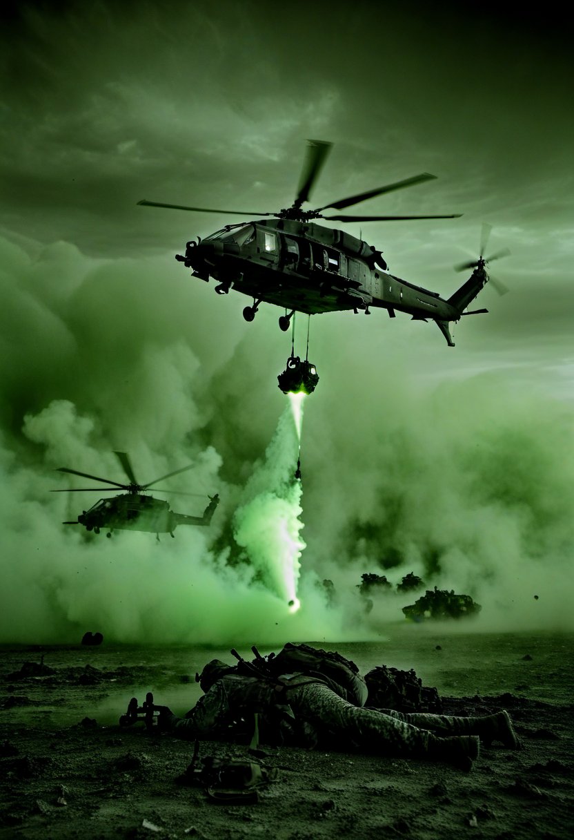 Capture images of the battlefield (through thermal imaging and night vision cameras)Battlefield scene, helicopter, 
debris,explosion,DonMD34thM4g1cXL,Clear Glass Skin