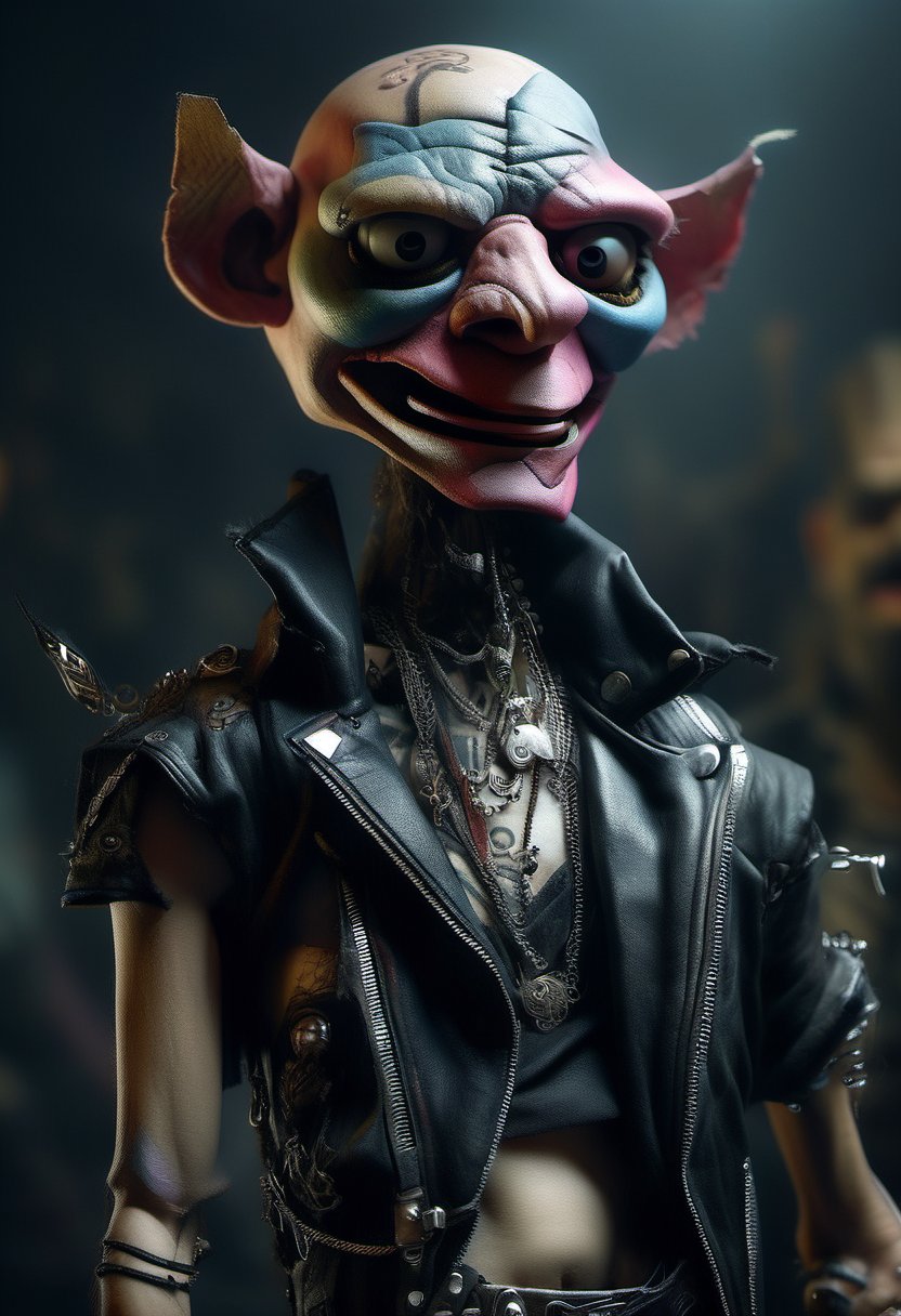 (Design: Yasushi Nirazawa. Artwork based on full-body design of concept art with (puppet) theme, variation) Punk leather fashion, asymmetrical character, oblique angle shot, anatomy, trending on ArtStation, trending on CGSociety, elaborate, high resolution, sharp focus, dramatic, photorealistic painting art by Midjourney and Greg Rutkowski, LegendDarkFantas
