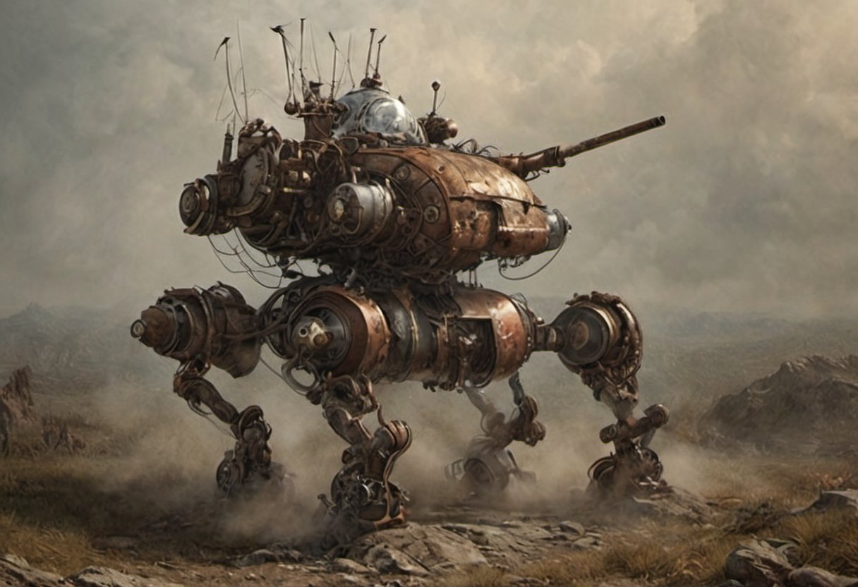 Alessandro Magnasco style, Western, steampunk, tortured by robotic soldiers