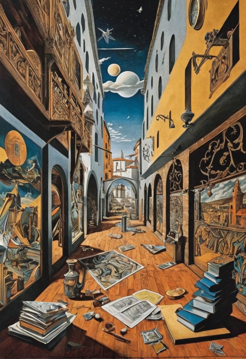  (80s poster) M.C.Escher and Giorgio de Chirico, Art Station, Full Color, Salvador Dali style