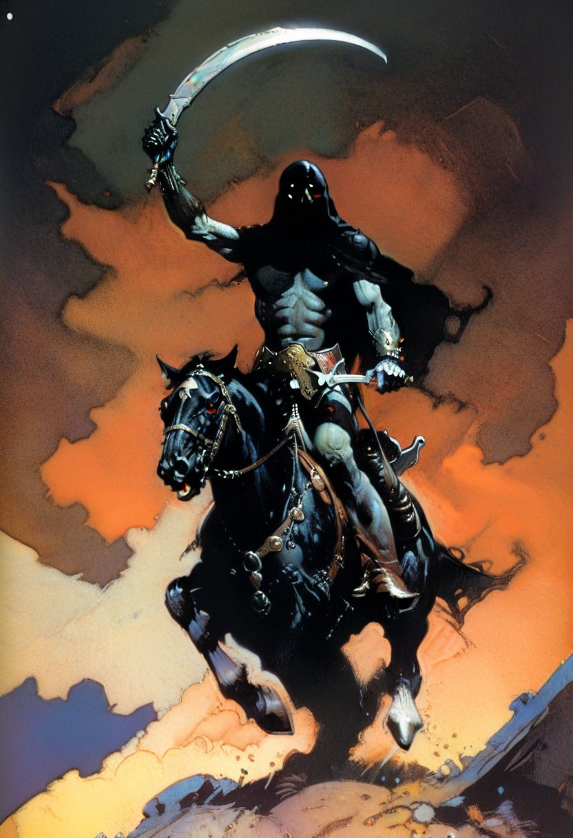 score_9, source_Poster, (?! Frame Comics) Frank Frazetta's Persuasion (Art Collection), fr4z3tt4, Dark, Grim Reaper on a Black Horse