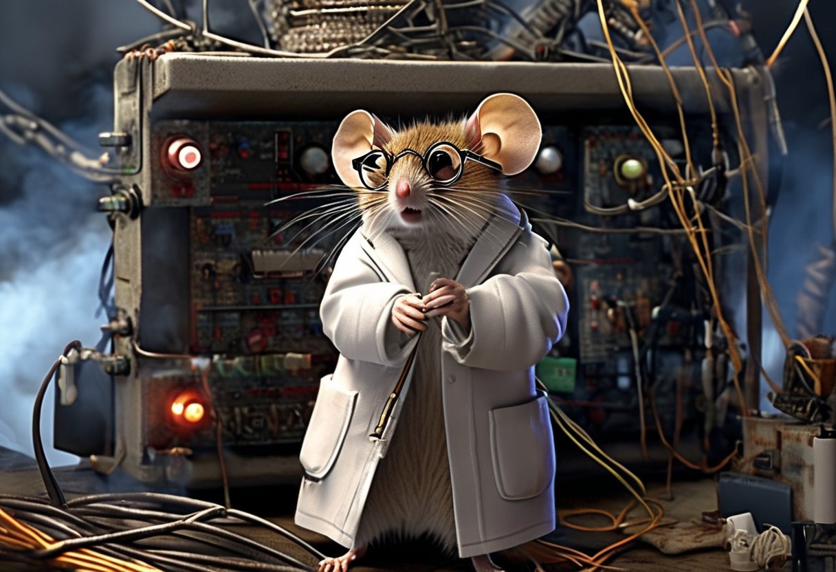 Dr. Harvest Mouse wearing round glasses and a white coat is tangled in wires, server, cable, 404, loose graphics card, sharp, detailed, cinematic, epic scale, detail, denial, confusion, clutter, disarray, sideways glance, fire, smoke, <> CXL-Mech