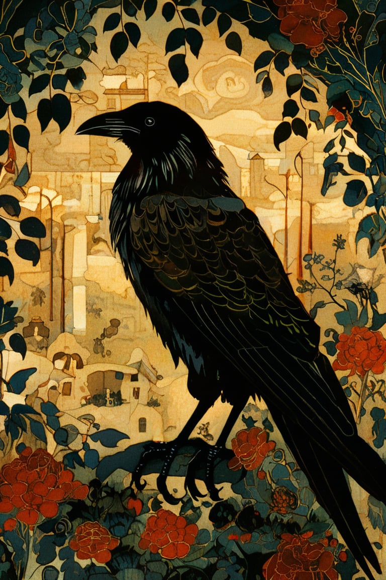 (masterpiece, best quality, shadow puppet fairy tale, best quality, official art, beautiful and aesthetic: 1.2), highly detailed, captured in the detailed gouache style of Hieronymus Bosch and Klimt. Black crow