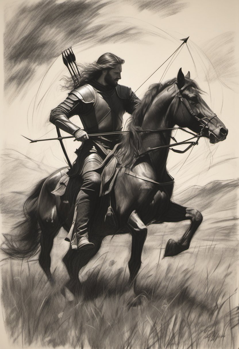 A medieval archer dressed in leather armor, quiver slung over his shoulder, rides a majestic black stallion across a sun-kissed meadow. The archer's bow is notched and ready to fire as he gazes out at the rolling hills, the wind blowing through his hair.,charcoal \(medium\)