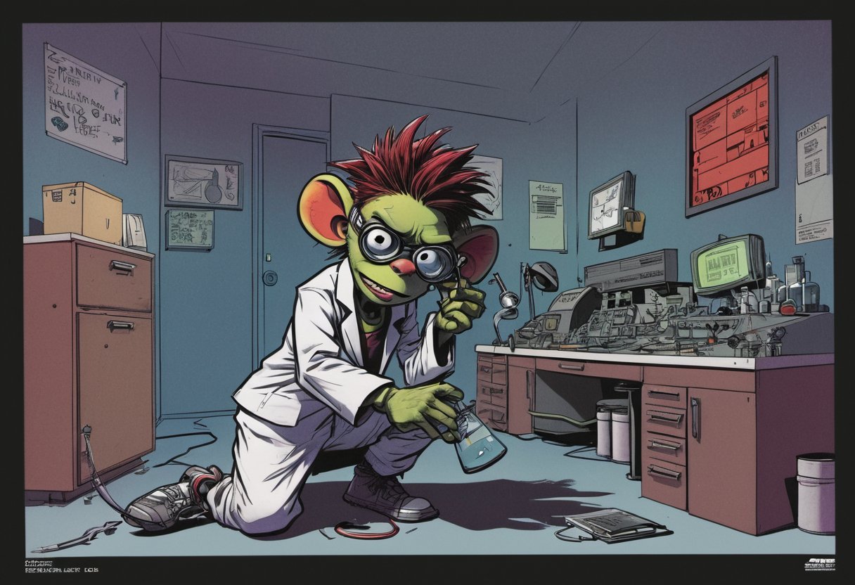 score_9, source_Poster, (?!-frame comic) Persuade by jamie hewlett (Mad Science), All Color, research lab