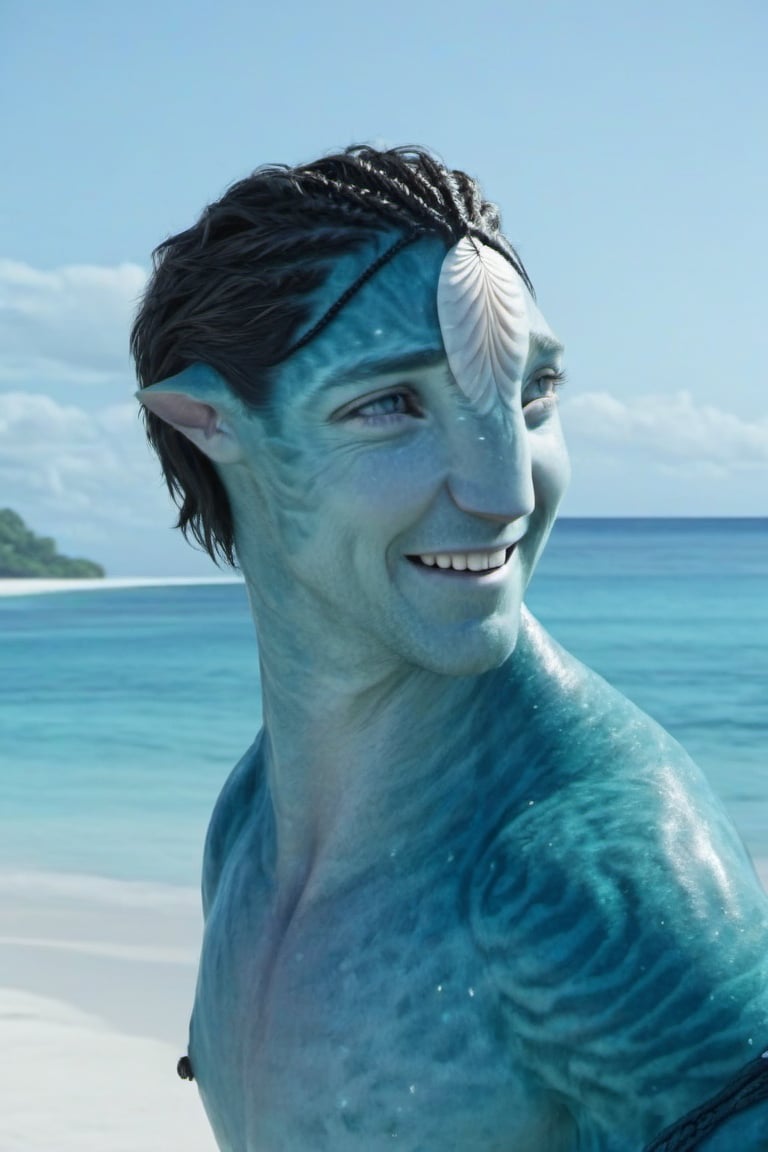 Handsome na’vi,((Lee Pace)), male, aqua skin, smiling,((beach:background)), ((closeup)), movie scene, freckles, detailed, hdr, high quality, movie still, tail, skin detail,ADD MORE DETAIL, short-hair 