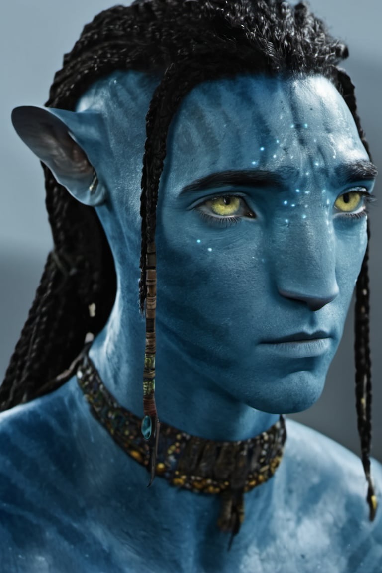 Lee Pace as a male Na’vi, Avatar, afro , white blank background, pale lighting, concept art, low saturation, alien, jewlrey, portrait, lots of details, pale yellow eyes, blue skin, 4k, 8k, freckles, close up, AVATAR-OME