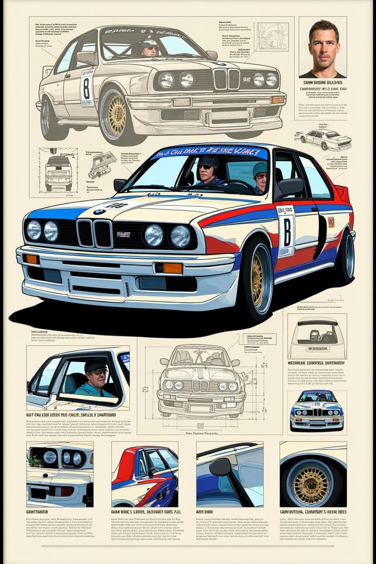 Detailed poster of a Rally BMW E30, featuring a detailed blueprint, labels, and information. The poster includes a close-up of the car's interior, showcasing the driver's profile. The blueprint provides intricate details of the vehicle's structure, while labels and info offer comprehensive insights. The driver's profile adds a personal touch, highlighting their experience and achievements.