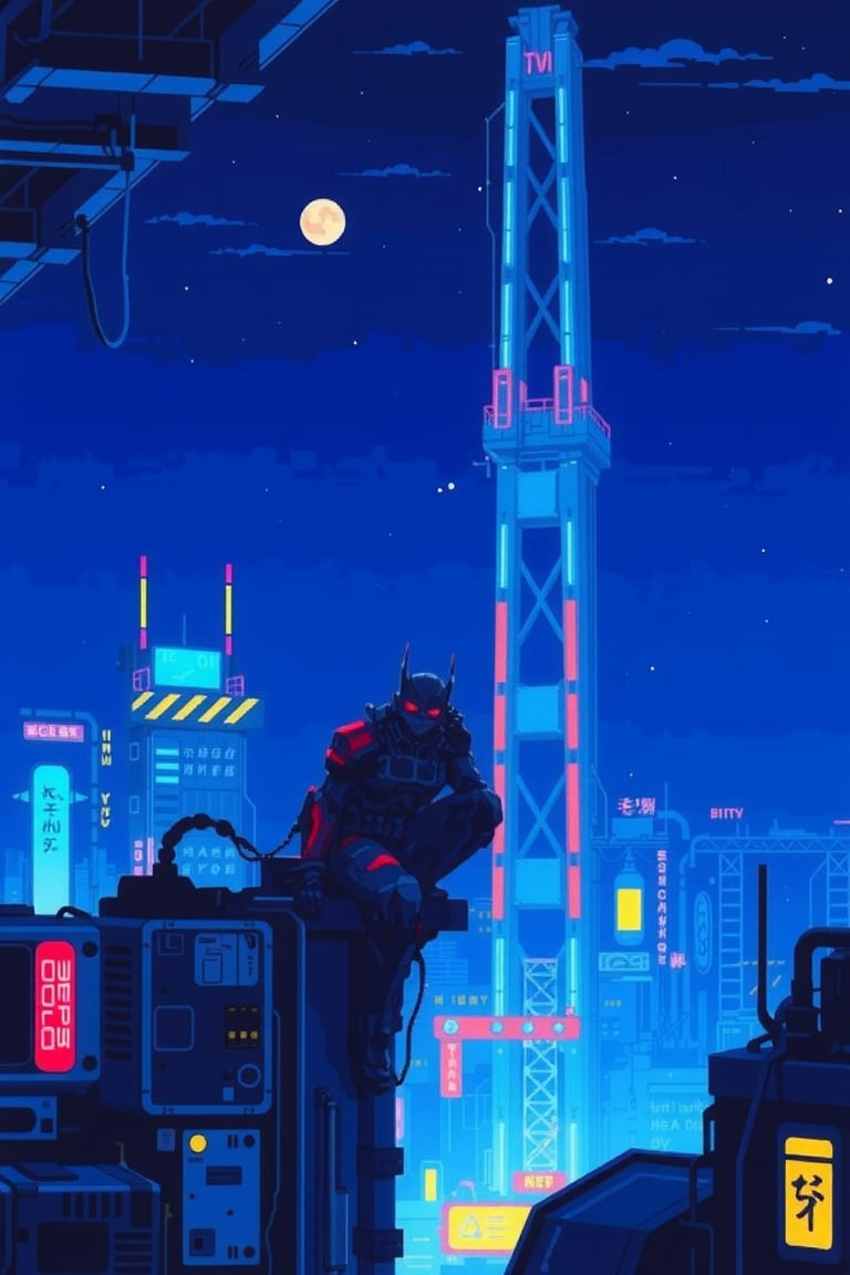 Pixel art style,pixel art design,anime cyborg sit at the edge of high tower,cyberpunk city,nightscape,neon,blue hue,wallpaper