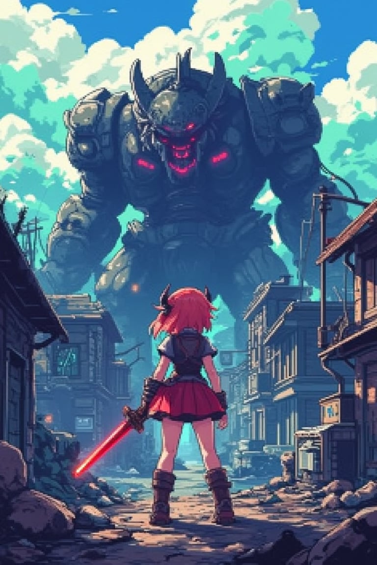 Pixel art magazine cover featuring an anime girl with a red sword, standing in front of a colossal black monster. The background depicts a ruined cityscape, with crumbling buildings and debris. The girl is in a dynamic pose, ready to strike, while the monster looms menacingly behind her. The image is sharp and detailed, with vibrant pixel art capturing the intense scene. The UHD resolution ensures fine art quality, with intricate details in the characters and environment.