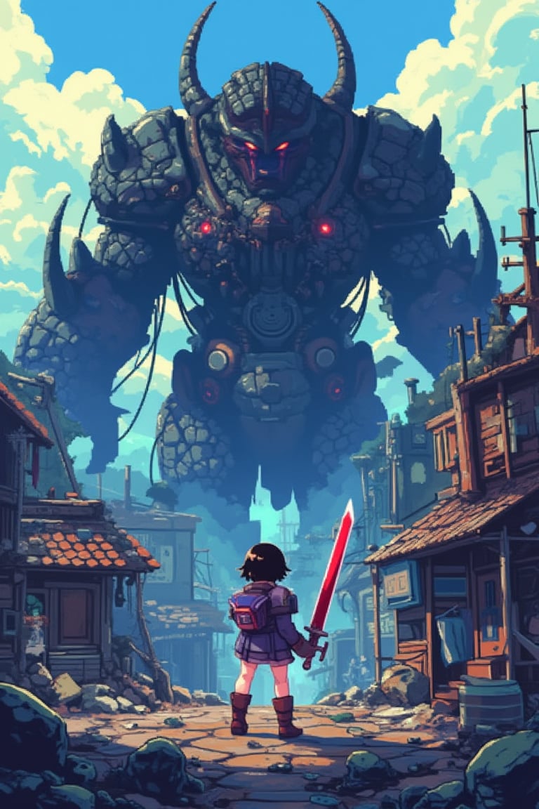 Pixel art magazine cover featuring an anime girl with a red sword, standing in front of a colossal black monster. The background depicts a ruined cityscape, with crumbling buildings and debris. The girl is in a dynamic pose, ready to strike, while the monster looms menacingly behind her. The image is sharp and detailed, with vibrant pixel art capturing the intense scene. The UHD resolution ensures fine art quality, with intricate details in the characters and environment.