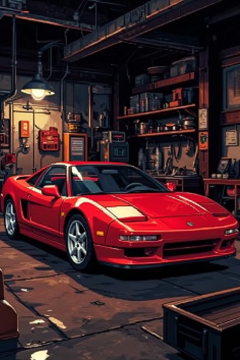 Pixel art scene of a red Honda NSX parked inside an old workshop. The workshop is dimly lit with a single light bulb hanging above the car, casting long shadows. The NSX is centered in the frame, with vintage tools and machinery visible in the background. The car is in pristine condition, with detailed pixelated reflections on its glossy surface. The composition is tight, focusing on the car and its surroundings, with the workshop's rustic walls and wooden beams adding texture.