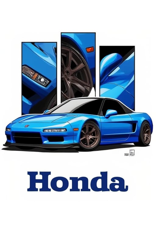 rafgambarkereta,MycarDesign,poster and magazine cover design with split panel style in diffrent shape and size,realistic and detail  blue sporty honda nsx and each 5 panel had a close up diffrent part,such wheels,door,engine and rear headlight. text word "honda",detaile and realistic,white background.,
