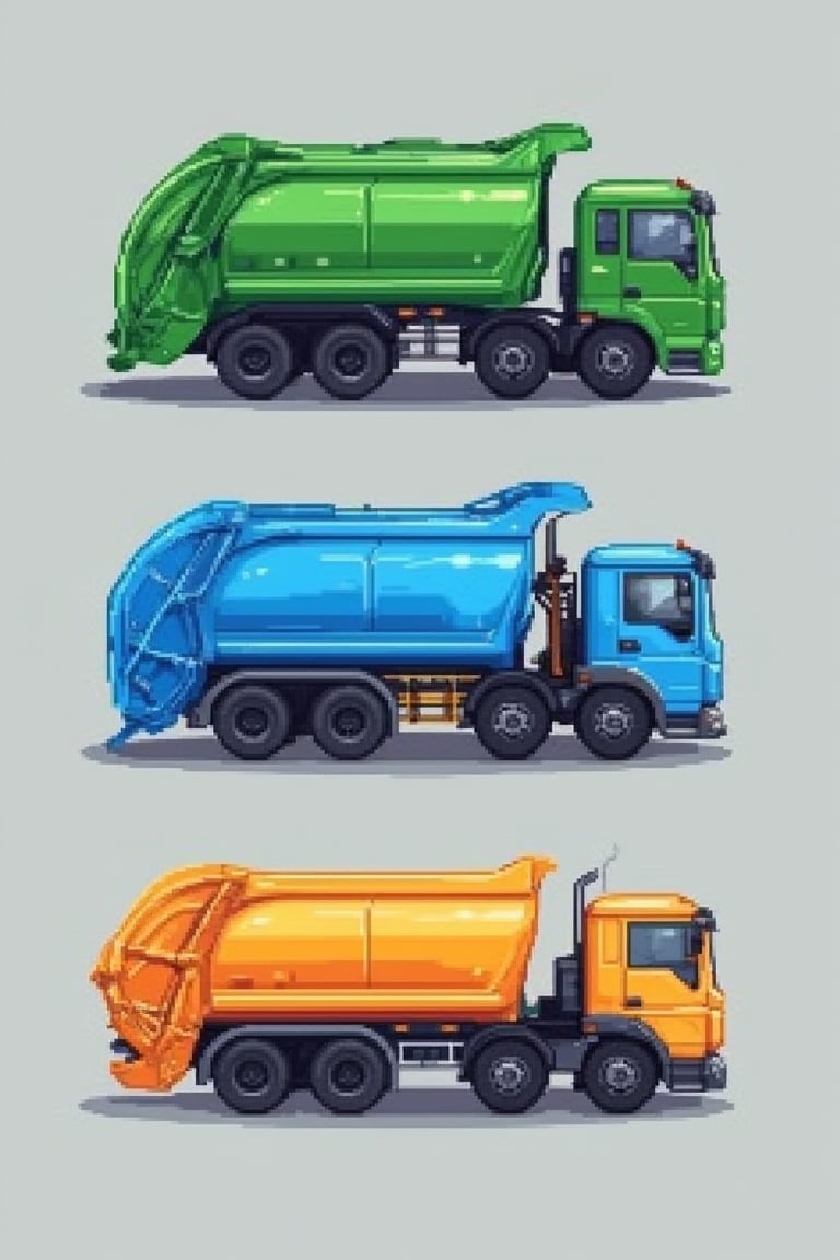 Pixel art poster featuring side profiles of three waste trucks in 1:18 scale. At the top, a green waste truck is displayed. In the middle, a blue waste truck is showcased. At the bottom, a yellow waste truck is featured. The trucks are evenly spaced, with a grey background that highlights their vibrant colors. The composition is clean and uncluttered, focusing solely on the detailed pixel art of the trucks. The UHD image ensures sharp and clear details, capturing the intricate design of each vehicle.