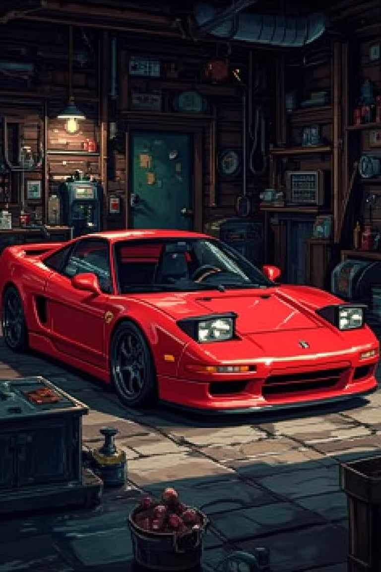 Pixel art scene of a red Honda NSX parked inside an old workshop. The workshop is dimly lit with a single light bulb hanging above the car, casting long shadows. The NSX is centered in the frame, with vintage tools and machinery visible in the background. The car is in pristine condition, with detailed pixelated reflections on its glossy surface. The composition is tight, focusing on the car and its surroundings, with the workshop's rustic walls and wooden beams adding texture.