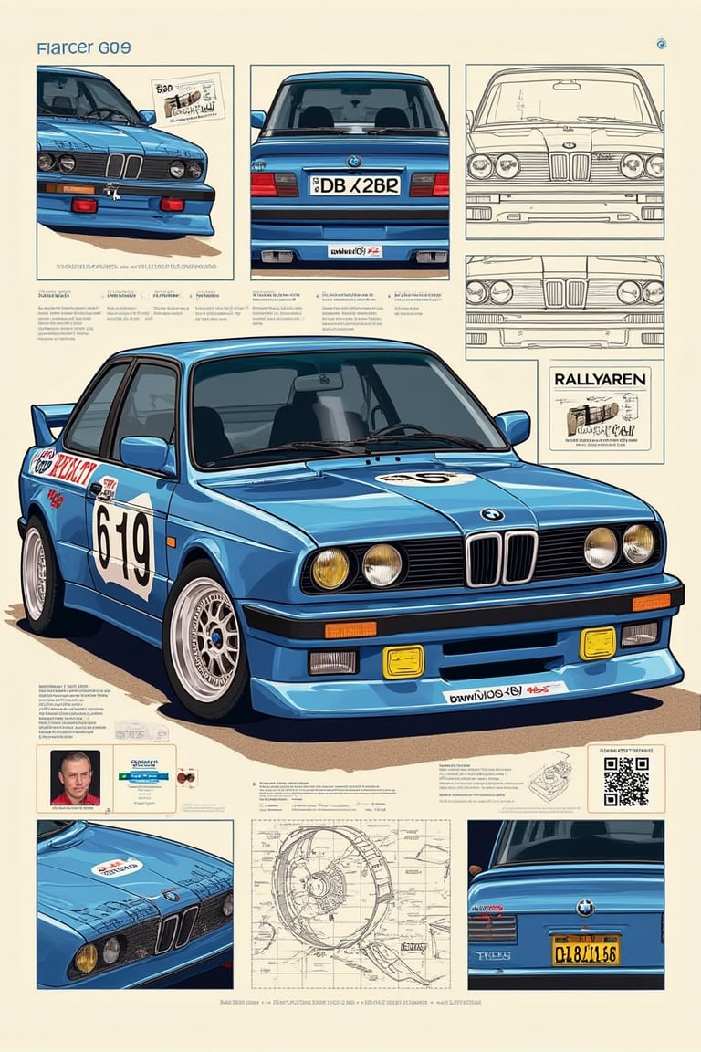 Detailed poster of a Rally BMW E30, featuring a detailed blueprint, labels, and information. The poster includes a close-up of the car's interior, showcasing the driver's profile. The blueprint provides intricate details of the vehicle's structure, while labels and info offer comprehensive insights. The driver's profile adds a personal touch, highlighting their experience and achievements.