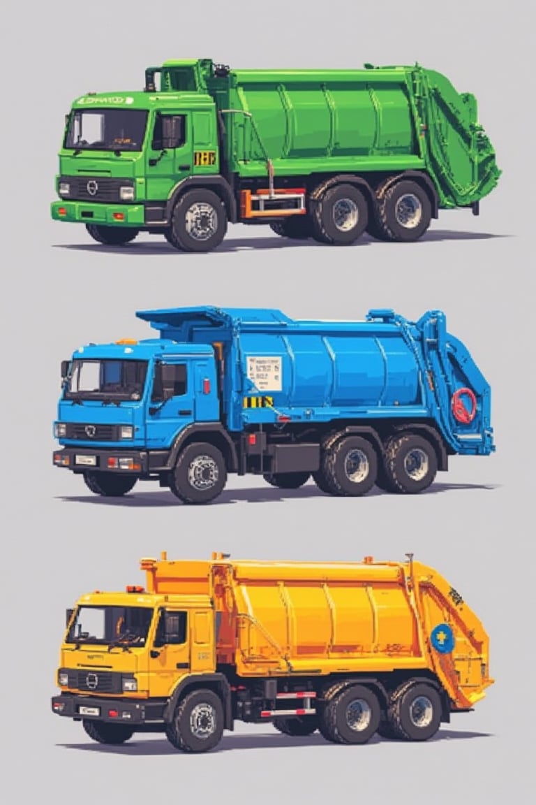 Pixel art magazine cover "AUTO"featuring side profiles of three waste trucks in 1:18 scale. At the top, a green waste truck is displayed. In the middle, a blue waste truck is showcased. At the bottom, a yellow waste truck is featured. The trucks are evenly spaced, with a grey background that highlights their vibrant colors. The composition is clean and uncluttered, focusing solely on the detailed pixel art of the trucks. The UHD image ensures sharp and clear details, capturing the intricate design of each vehicle.