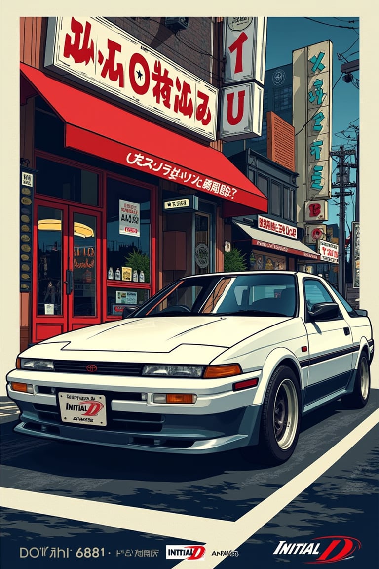 Car poster design announcing a special event for Initial D fans, featuring a white Toyota Trueno AE86 parked in front of a tofu restaurant in Tokyo, Japan. The cinematic poster is detailed and sharp, with high-quality imagery capturing the iconic car and the vibrant cityscape. The design effectively promotes the event, appealing to fans with its authentic and nostalgic atmosphere.