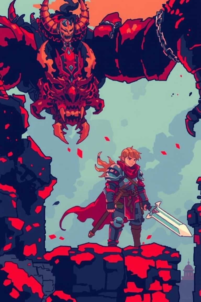 Pixel art style,pixel art design,a young warrior in armour,red robe,white sword,facing his demon monster enemy,ruin city,red and orange hue.