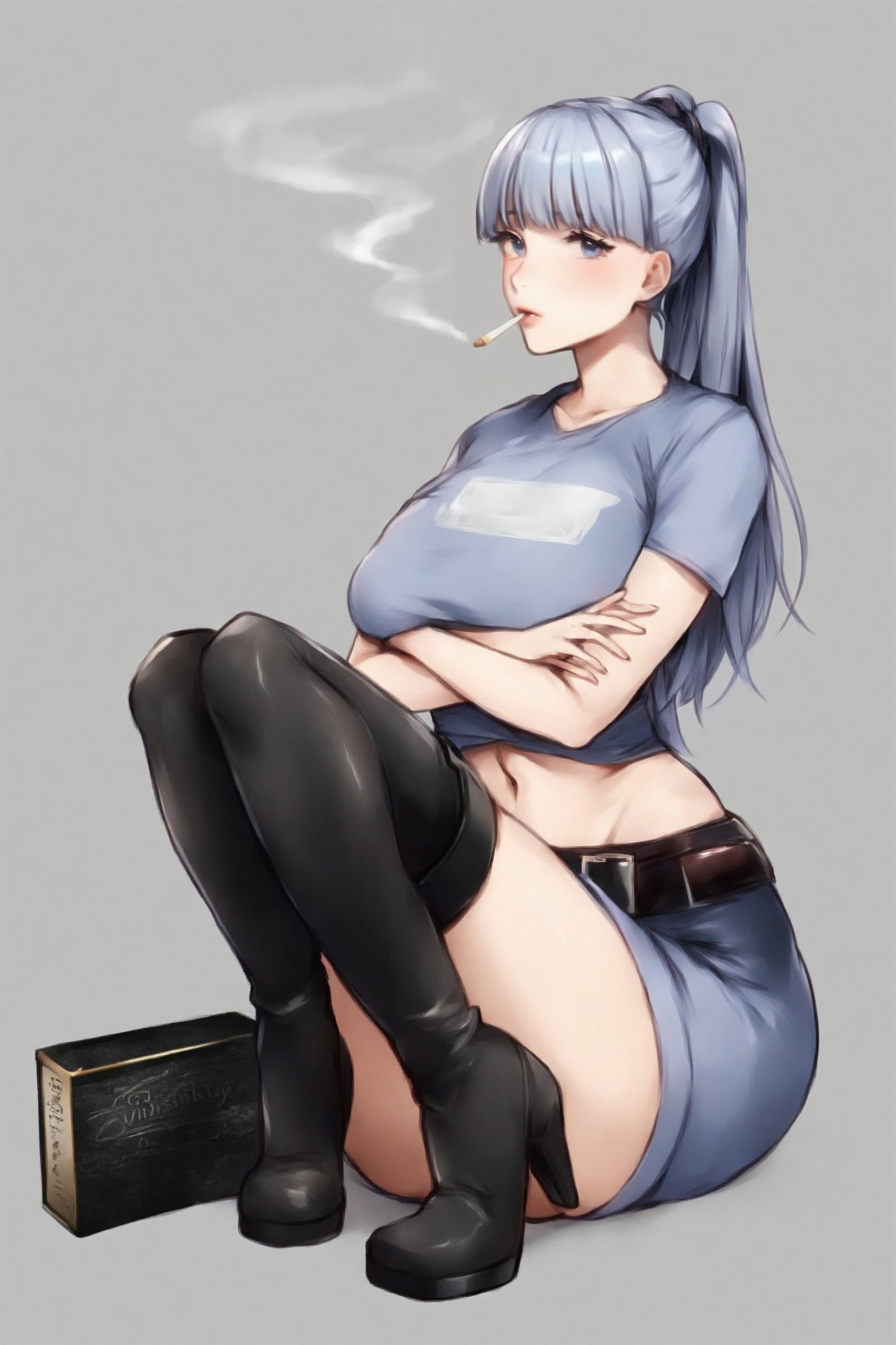 Ayaka, solo, long hair, skirt, simple background, anime hair, shirt, , thighhighs, white background, navel, Light blue eyes, full body, boots, midriff, black thighhighs, black footwear,  , thigh boots, crossed arms, big butt ,t-shirt ,sitting, smoking, smoking, cigarettes, wine, whiskey,mature female,niji5,milf,motherly
