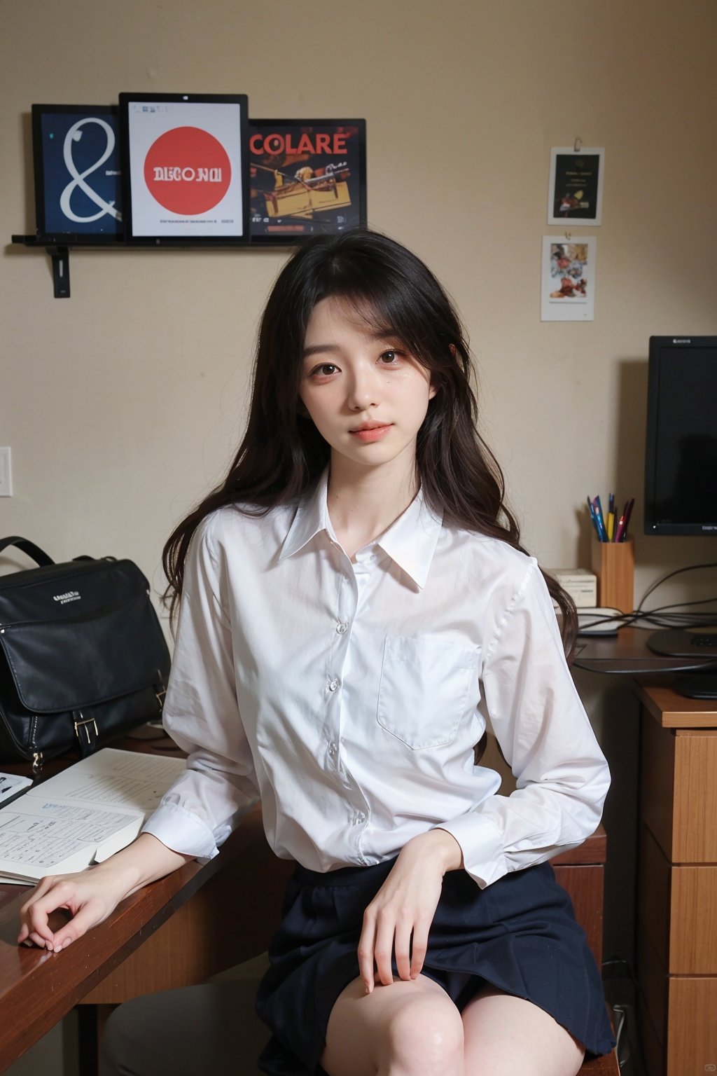 1girl, office setting, school uniform, beautiful, black hair, long hair, detailed eyes, looking at viewer, white shirt, black skirt, thigh-high socks, loafers, sitting at a desk, computer monitor, keyboard, mouse, office supplies, bookshelf with books, realistic style, ambient light, (cinematic composition:1.2), depth of field, HDR, Accent Lighting, wide-angle lens, best quality, masterpiece