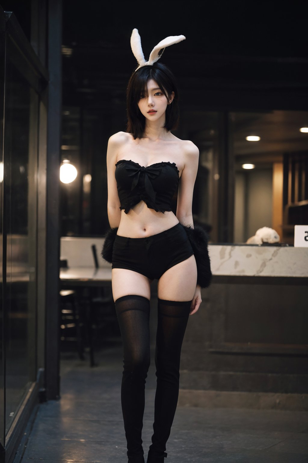 1girl, black hair, bunny girl costume, sexy, standing pose, full-body shot, detailed eyes, playful expression, fluffy tail, ears headband, laced tights, high heels, alluring posture, soft lighting, (cinematic composition:1.3), best quality, masterpiece.