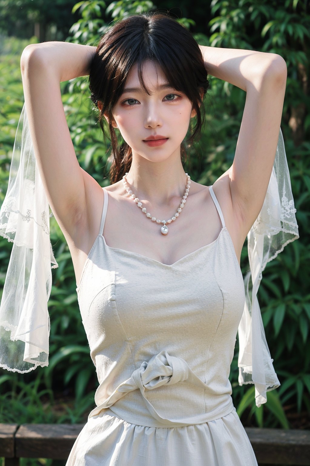 1girl, black hair, smiling, wedding dress, half body shot, (18yo),(arms behind head:1.2),  beautiful, detailed eyes, white dress, lace details, pearl necklace, delicate makeup, natural light, outdoor setting, greenery background, peaceful expression, best quality, masterpiece.