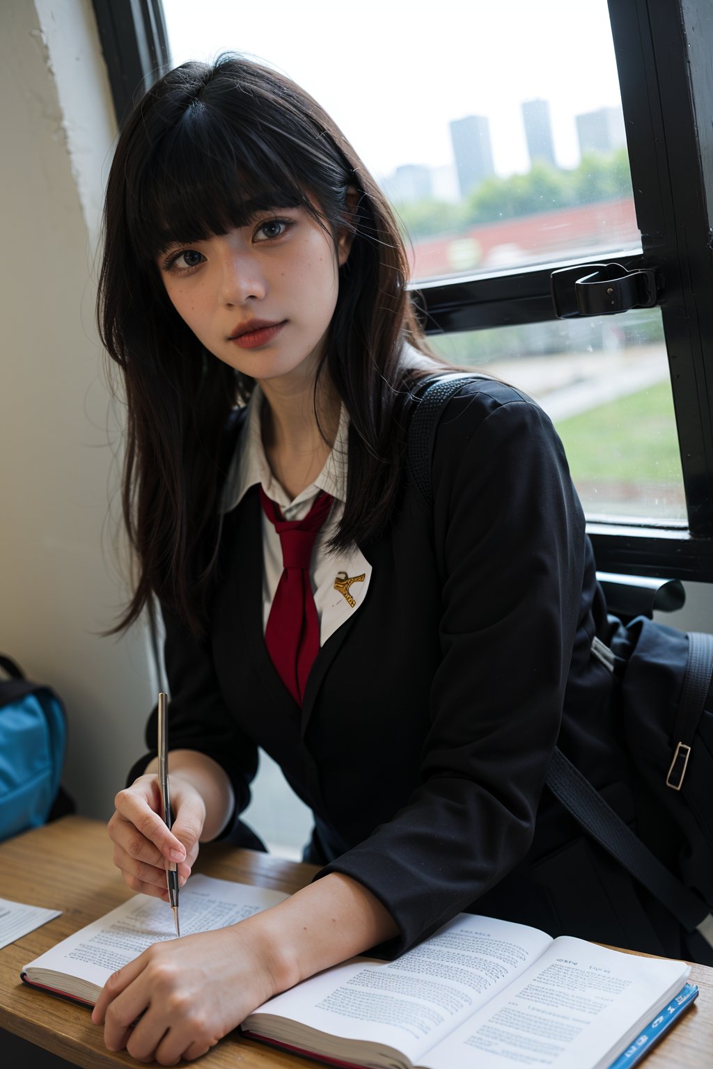 1girl, school uniform, beautiful, black hair, long hair, detailed eyes, looking at viewer, classroom setting, desk, smile,books, chalkboard, sunlight from window, (school bag:1.2), (uniform:1.3), high quality, masterpiece